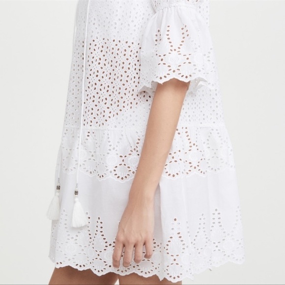 Playa Lucila white eyelet mini dress cover up, ellbow length puff sleeves,size M - Picture 2 of 13